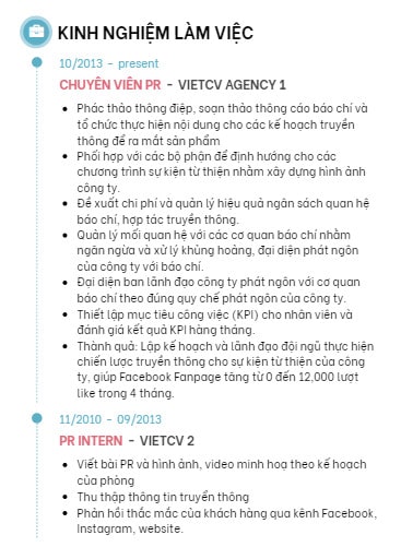 Mẫu viết kinh nghiệm làm việc trong CV cho vị trí PR